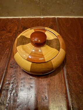Handmade Wooden Lidded Bowl - Mixed Wood Tones.  Trinket Box